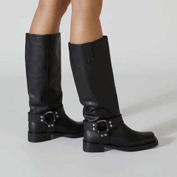 Womens Size 7 Knee High Riding Boots Square Toe  Buckle Chunky Motorcycle Black - Picture 1 of 4